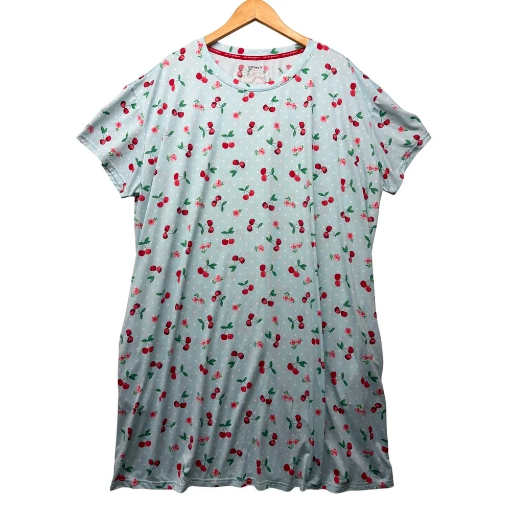 Joyspun Women Plus 2X-3X Cherry Polka Dot Sleep Dress Blue Short Sleeve Pockets - Picture 1 of 9